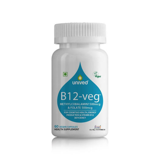 Unived B12-veg, 1500mcg Methylcobalamin (99%), with 500mcg Methyltetrahydrofolate (5-MTHF), Brain Cells & Nerve Tissue Support,  60 servings, 60 Vegan Capsules